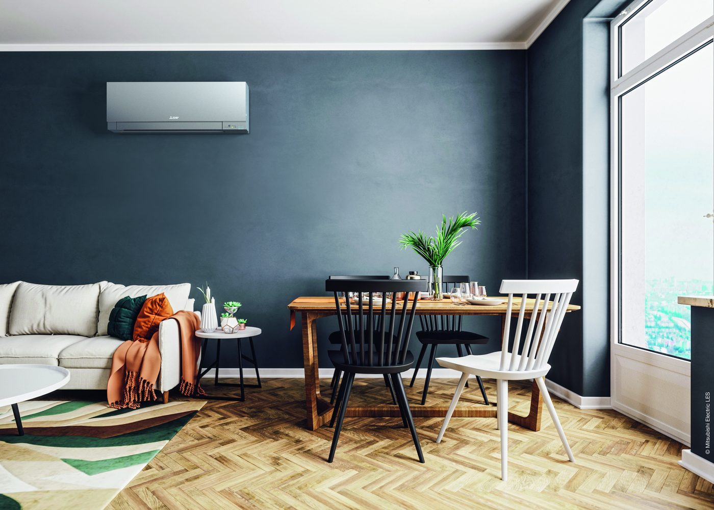 Mitsubishi Electric MSZ-EF Wandgerät in einem Wohnraum mit Essplatz